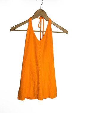 Halter neck neon orange perforated v neck mini dress with beads size XXS